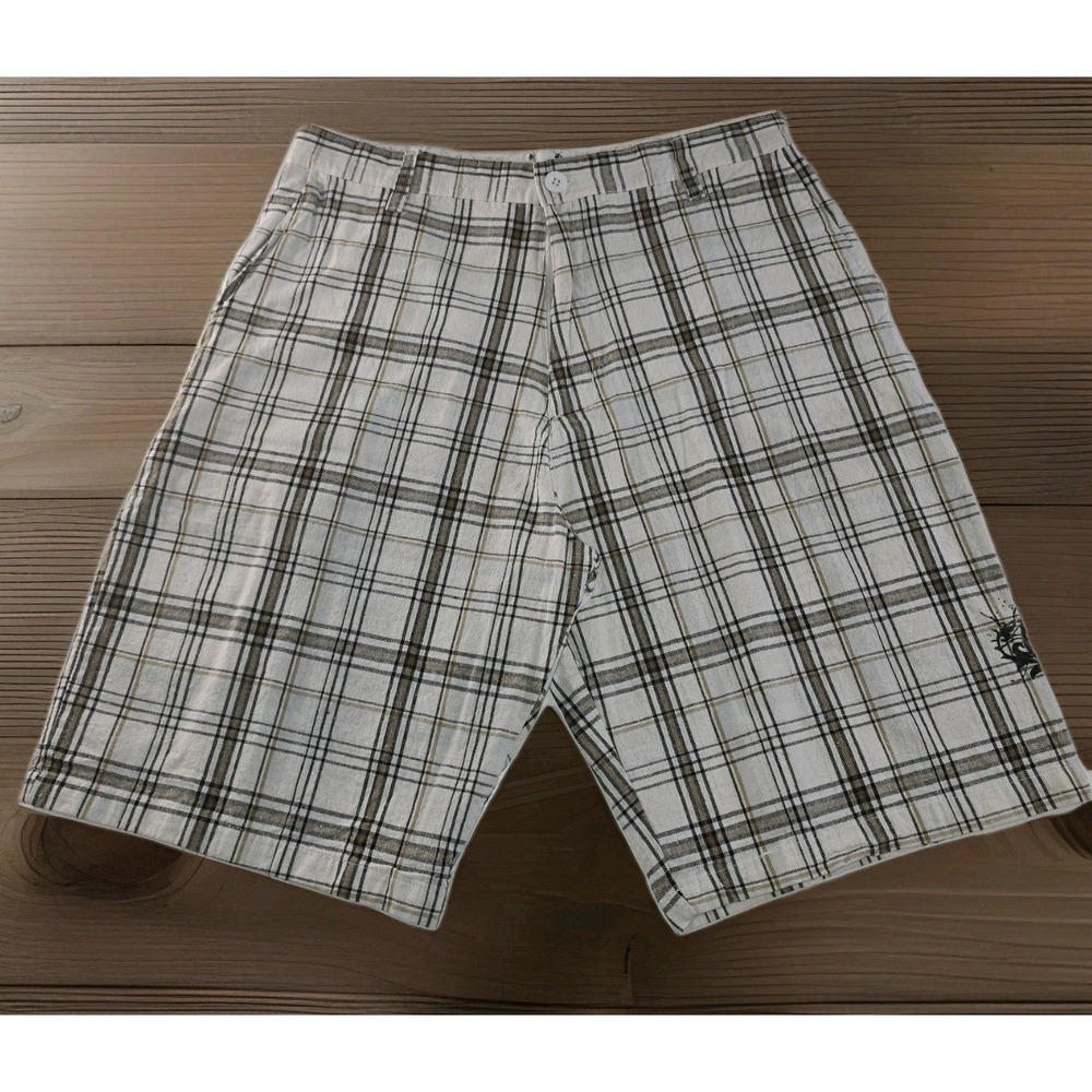 Burnside Men's Plaid Shorts Size 34 Skull Graphic Tattoo Style Cotton Streetwear
